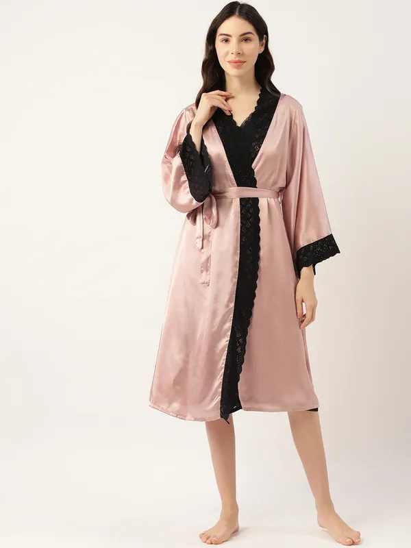 Rust_Satin_Nightwear/Nightsuit_And_Matching_Robe_With_Lace