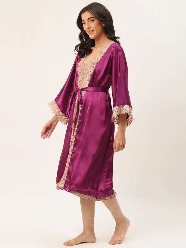 Wine_Satin_Nightwear/Nightsuit_And_Matching_Robe_With_Lace