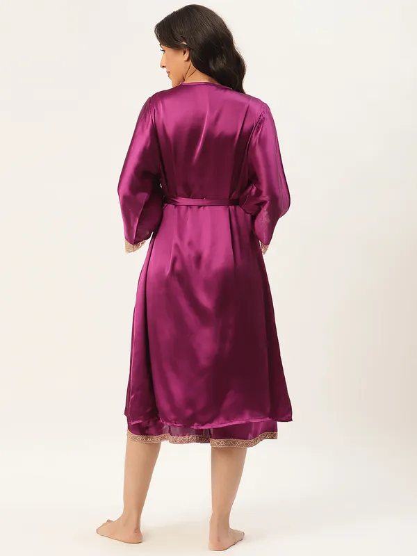 Wine_Satin_Nightwear/Nightsuit_And_Matching_Robe_With_Lace
