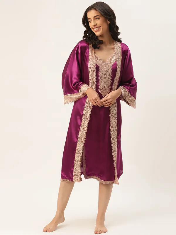 Wine_Satin_Nightwear/Nightsuit_And_Matching_Robe_With_Lace