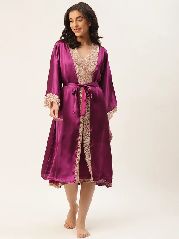 Wine_Satin_Nightwear/Nightsuit_And_Matching_Robe_With_Lace