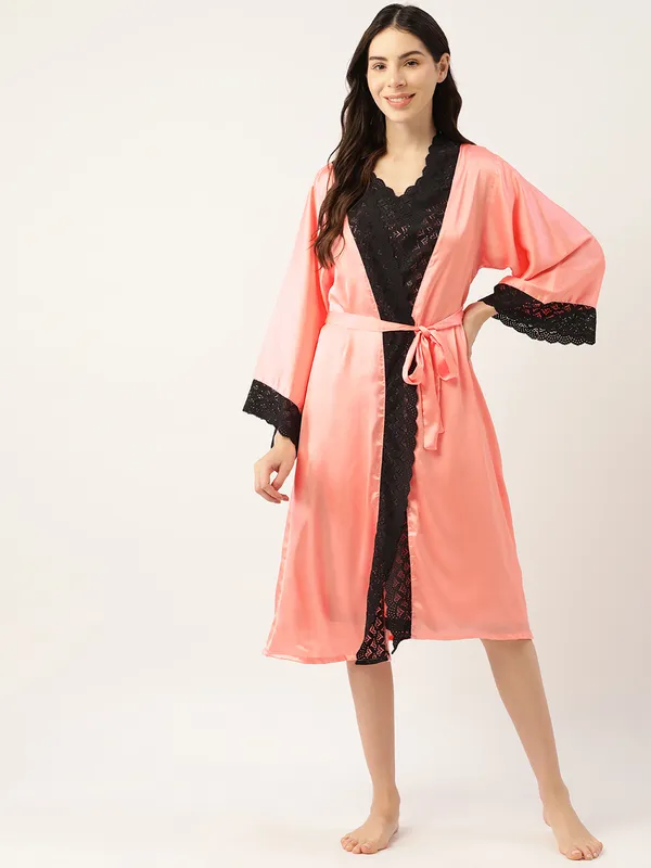 Peach_Satin_Nightwear/Nightsuit_And_Matching_Robe_With_Lace