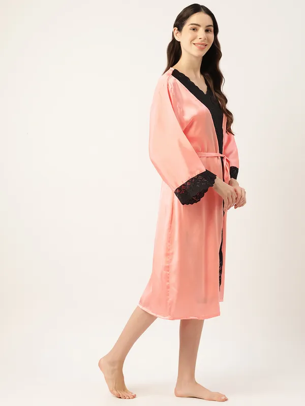 Peach_Satin_Nightwear/Nightsuit_And_Matching_Robe_With_Lace