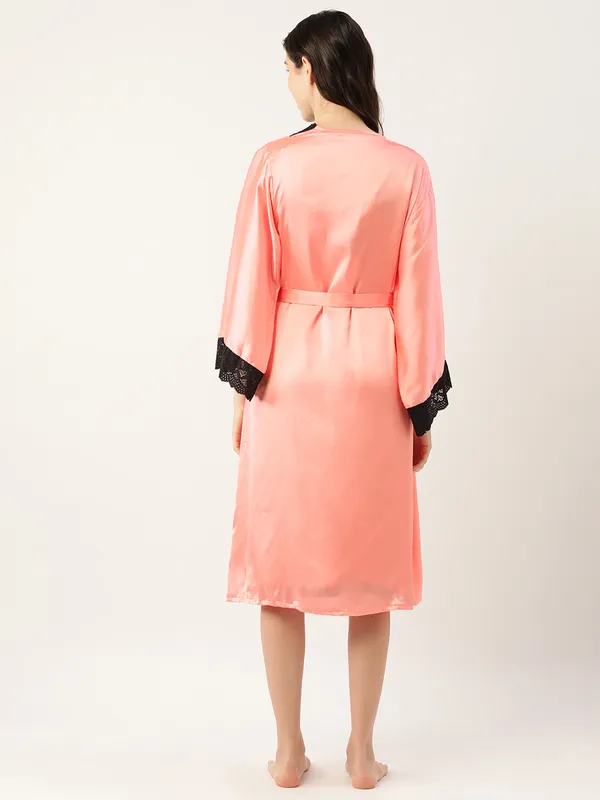 Peach_Satin_Nightwear/Nightsuit_And_Matching_Robe_With_Lace