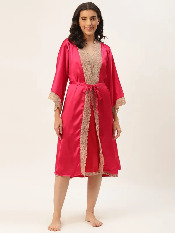 Rose_Pink_Satin_Nightwear/Nightsuit_And_Matching_Robe_With_Lace