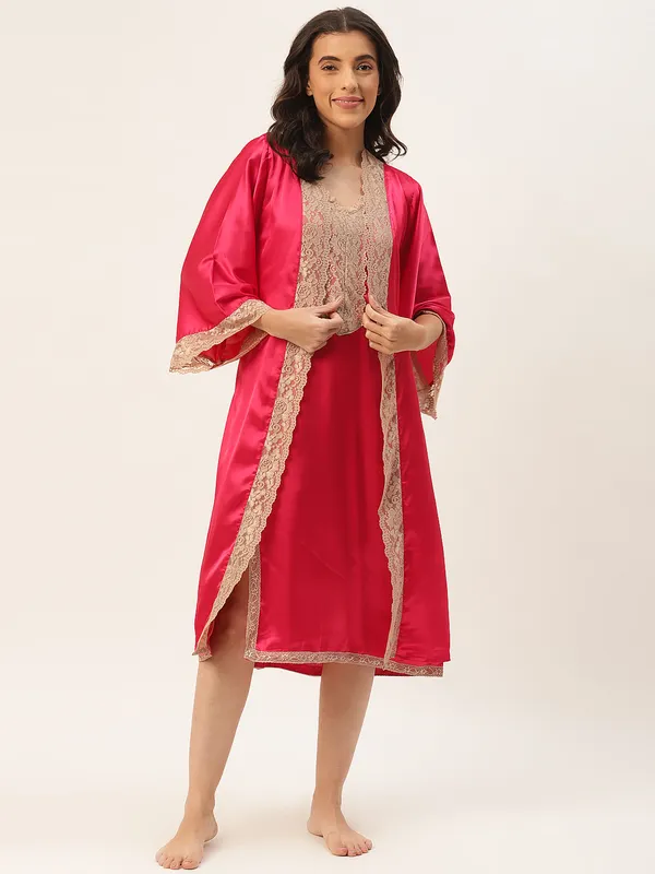 Rose_Pink_Satin_Nightwear/Nightsuit_And_Matching_Robe_With_Lace