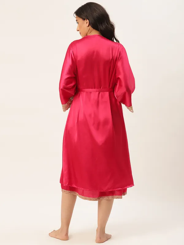 Rose_Pink_Satin_Nightwear/Nightsuit_And_Matching_Robe_With_Lace