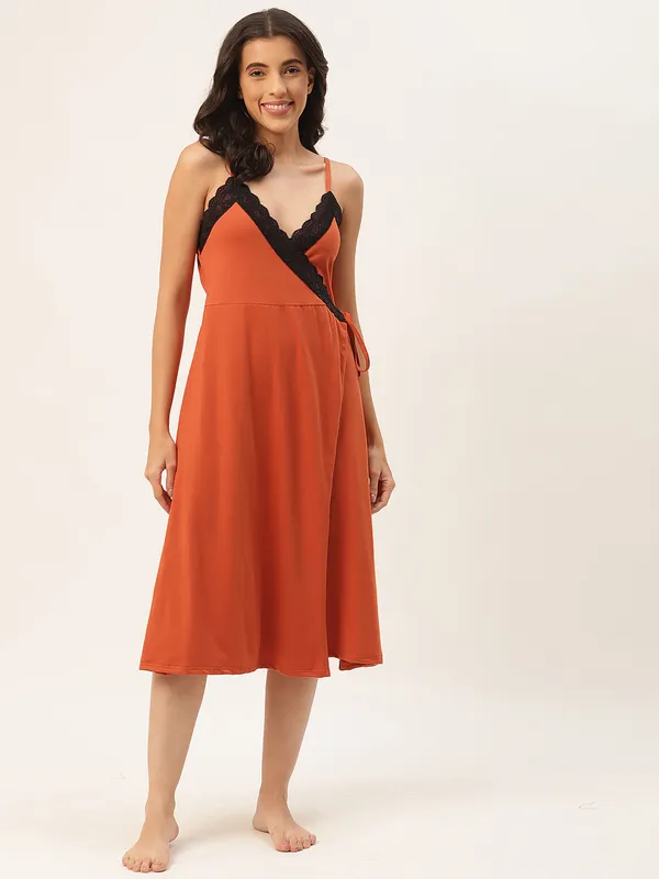 Orange_Solid_Finish_Nightwear/_Nighty_With_Cotton_Fabric_And_Lace_For_Women