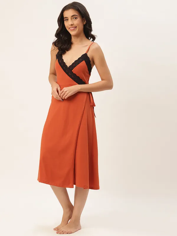 Orange_Solid_Finish_Nightwear/_Nighty_With_Cotton_Fabric_And_Lace_For_Women
