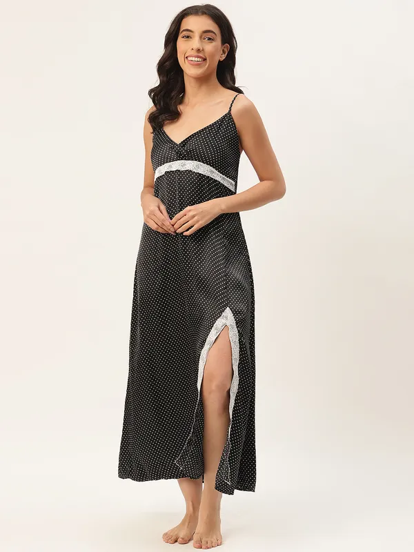 Black_Satin_Nightwear/_Nighty_With_White_Polka_Dots_For_Women