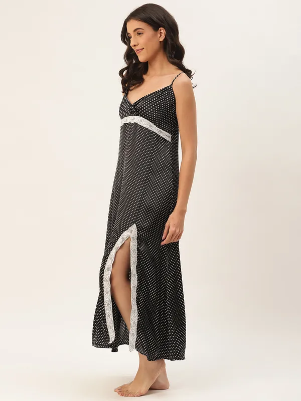 Black_Satin_Nightwear/_Nighty_With_White_Polka_Dots_For_Women