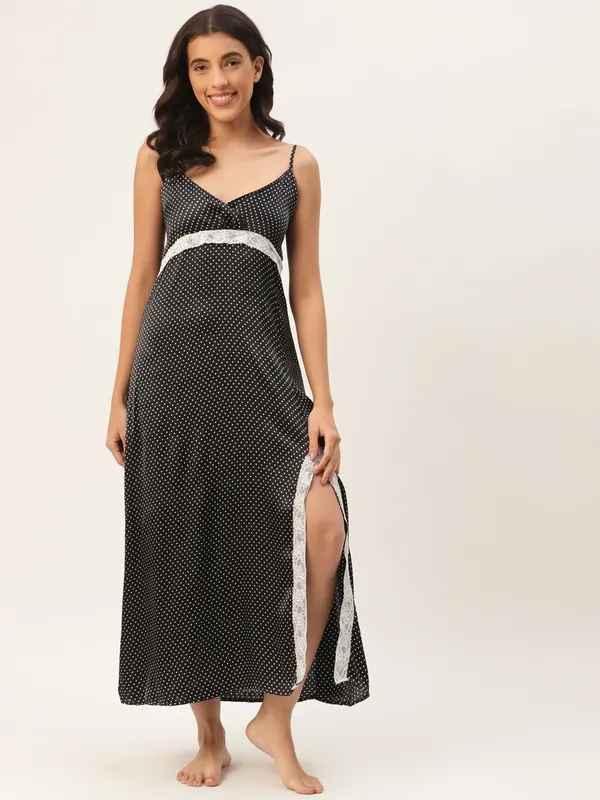 Black_Satin_Nightwear/_Nighty_With_White_Polka_Dots_For_Women