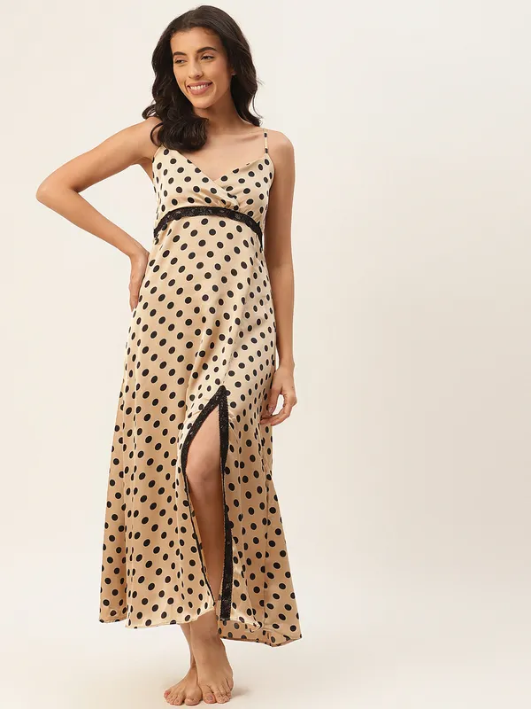 Golden_Satin_Nightwear/_Nighty_With_Black_Polka_Dots_For_Women