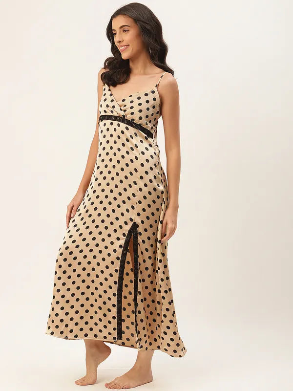 Golden_Satin_Nightwear/_Nighty_With_Black_Polka_Dots_For_Women