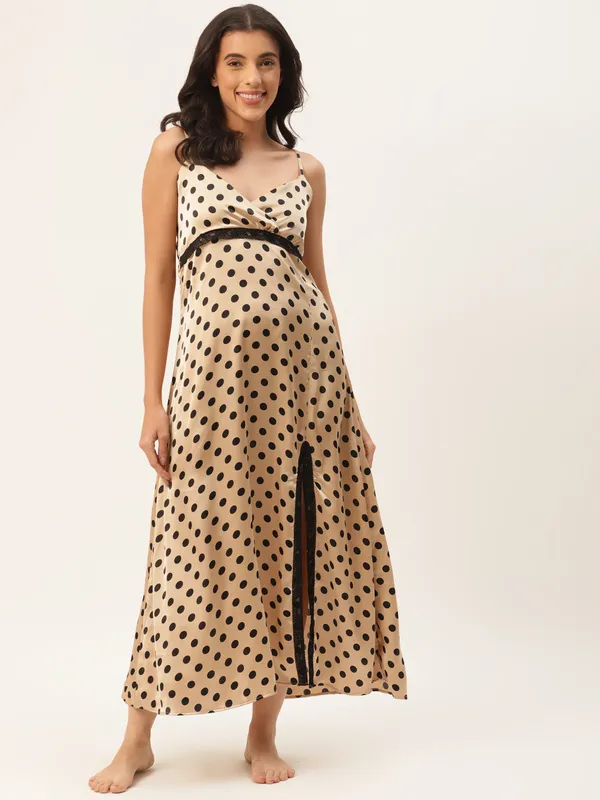 Golden_Satin_Nightwear/_Nighty_With_Black_Polka_Dots_For_Women