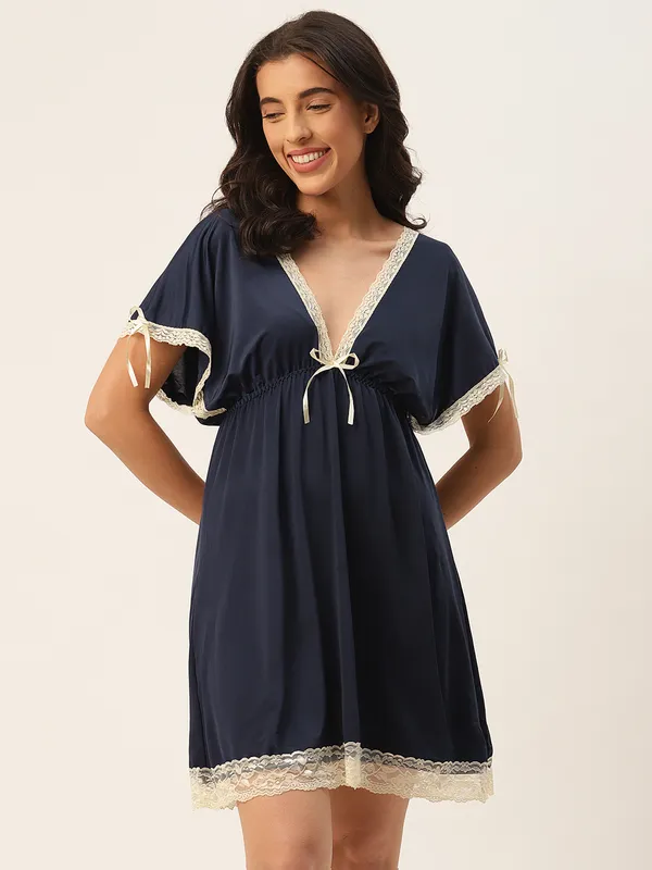 Navy_Blue_Babydoll/Nighty_With_Icy_Silk_Satin_Fabric_And_Matching_Thong
