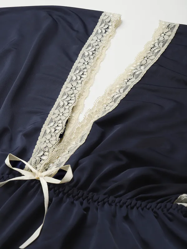 Navy_Blue_Babydoll/Nighty_With_Icy_Silk_Satin_Fabric_And_Matching_Thong