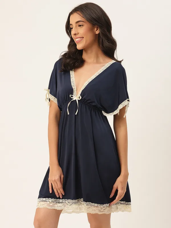 Navy_Blue_Babydoll/Nighty_With_Icy_Silk_Satin_Fabric_And_Matching_Thong