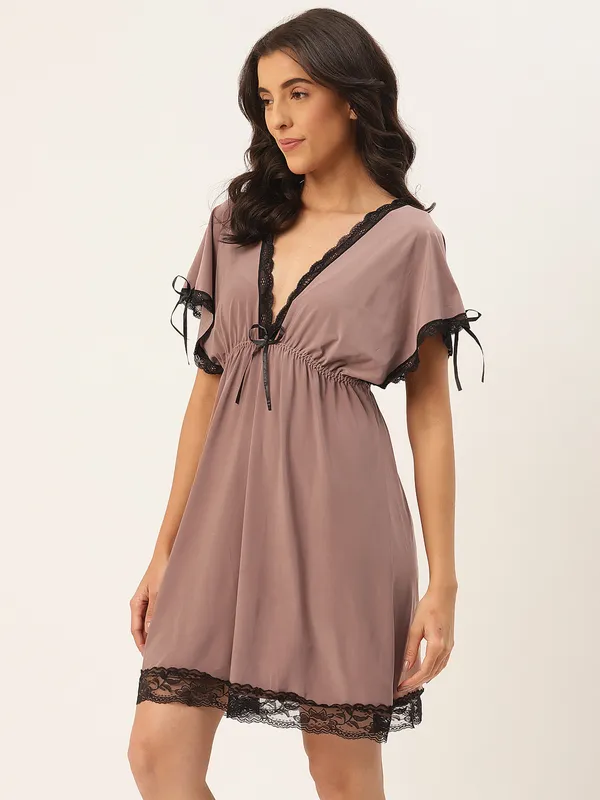 Brown_Babydoll/Nighty_With_Icy_Silk_Satin_Fabric_And_Matching_Thong