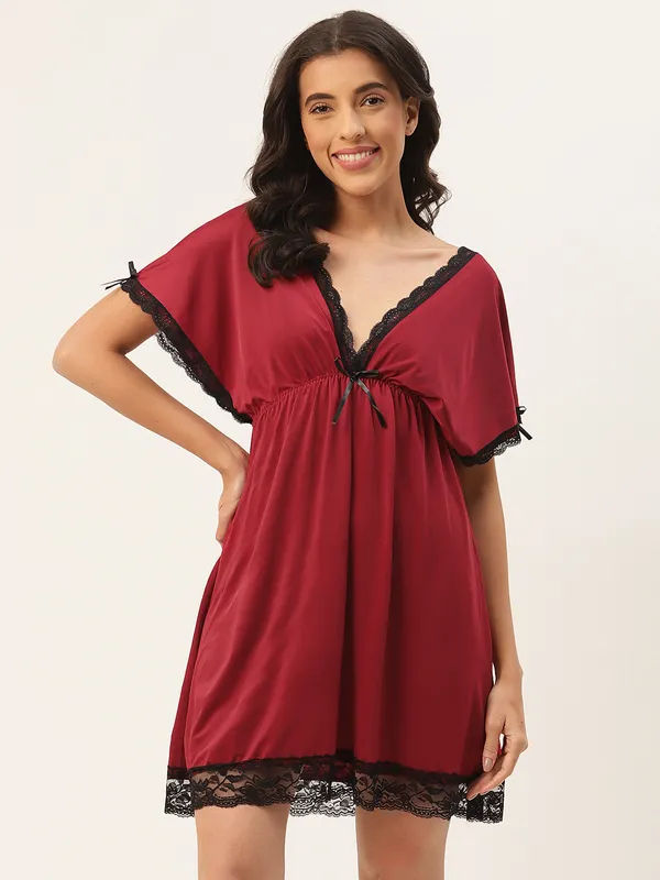 Maroon_Babydoll/Nighty_With_Icy_Silk_Satin_Fabric_And_Matching_Thong