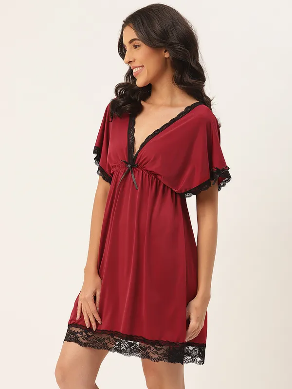 Maroon_Babydoll/Nighty_With_Icy_Silk_Satin_Fabric_And_Matching_Thong