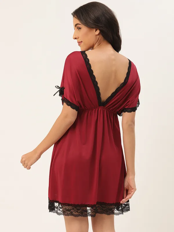 Maroon_Babydoll/Nighty_With_Icy_Silk_Satin_Fabric_And_Matching_Thong
