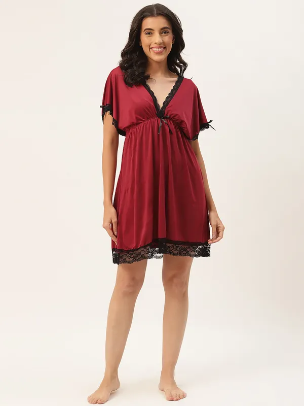 Maroon_Babydoll/Nighty_With_Icy_Silk_Satin_Fabric_And_Matching_Thong