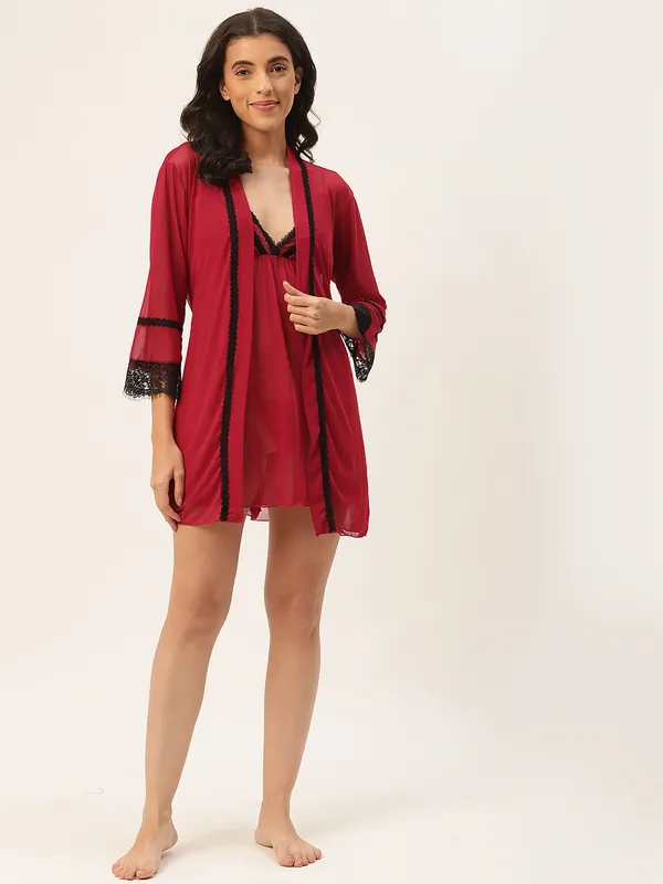Maroon_Solid_Finish_Babydoll_Lingerie/Nighty_With_Robe_&_Matching_Thong