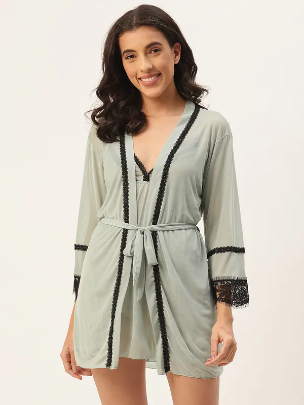 Green_Solid_Finish_Babydoll_Lingerie/Nighty_With_Robe_&_Matching_Thong