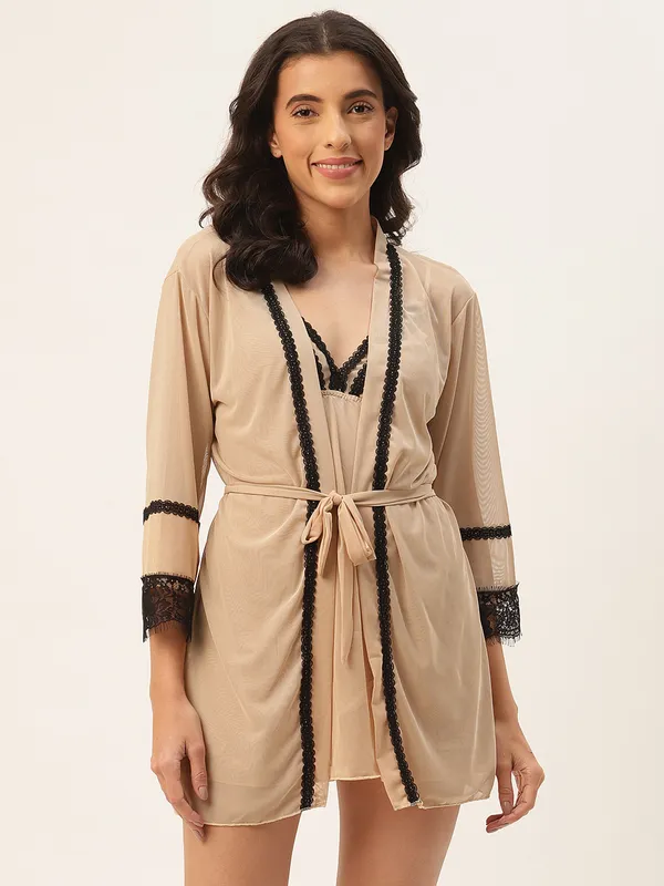 Beige_Solid_Finish_Babydoll_Lingerie/Nighty_With_Robe_&_Matching_Thong