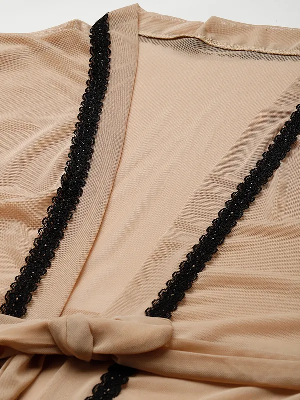 Beige_Solid_Finish_Babydoll_Lingerie/Nighty_With_Robe_&_Matching_Thong