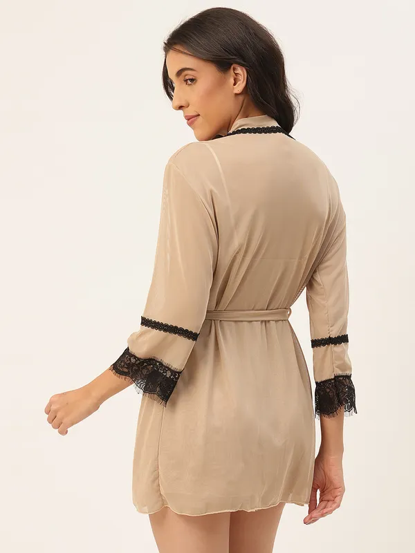 Beige_Solid_Finish_Babydoll_Lingerie/Nighty_With_Robe_&_Matching_Thong