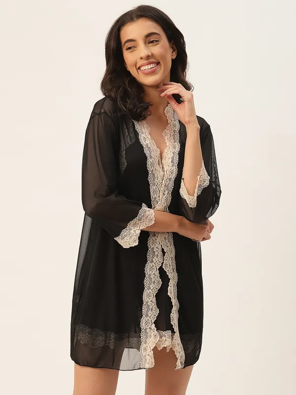 Black_Solid_Finish_Babydoll_Lingerie/Nighty_With_Robe_&_Matching_Thong