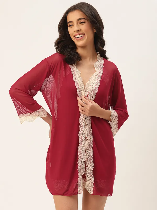 Maroon_Solid_Finish_Babydoll_Lingerie/Nighty_With_Robe_&_Matching_Thong