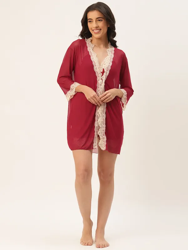 Maroon_Solid_Finish_Babydoll_Lingerie/Nighty_With_Robe_&_Matching_Thong