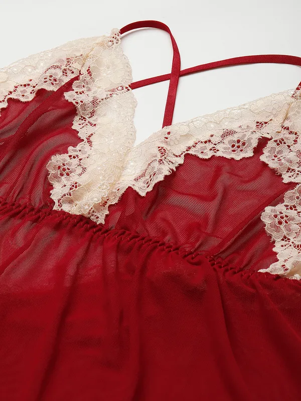 Maroon_Solid_Finish_Babydoll_Lingerie/Nighty_With_Robe_&_Matching_Thong