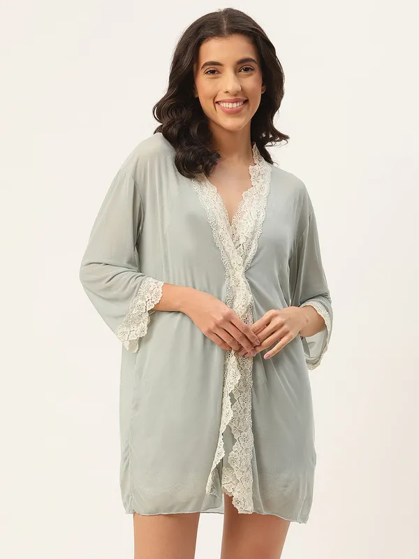 Green_Solid_Finish_Babydoll_Lingerie/Nighty_With_Robe_&_Matching_Thong