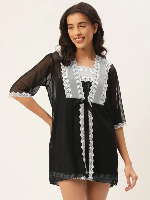 Black_Solid_Finish_Babydoll_Lingerie/Nighty_With_Robe_&_Matching_Thong