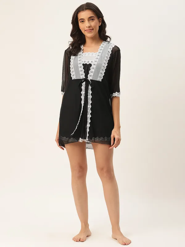 Black_Solid_Finish_Babydoll_Lingerie/Nighty_With_Robe_&_Matching_Thong