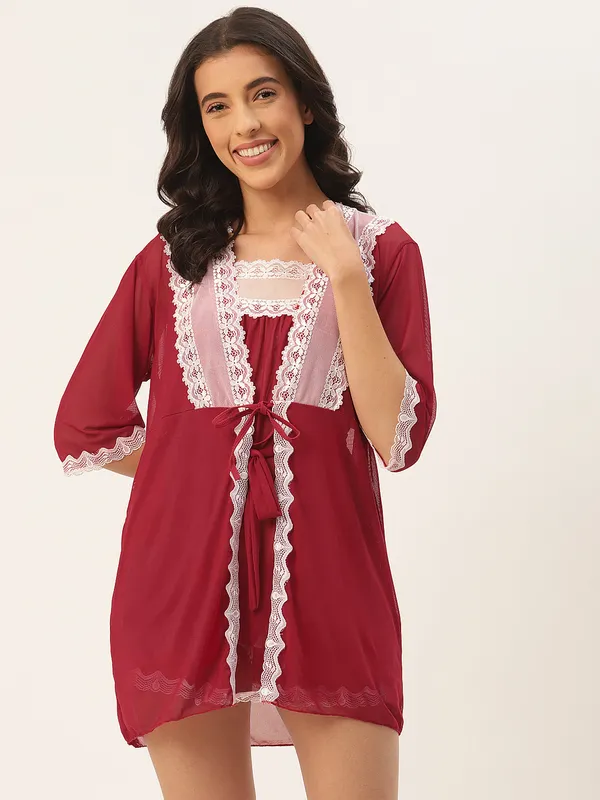 Maroon_Solid_Finish_Babydoll_Lingerie/Nighty_With_Robe_&_Matching_Thong