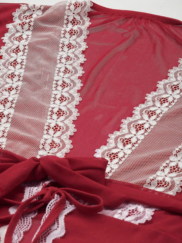 Maroon_Solid_Finish_Babydoll_Lingerie/Nighty_With_Robe_&_Matching_Thong