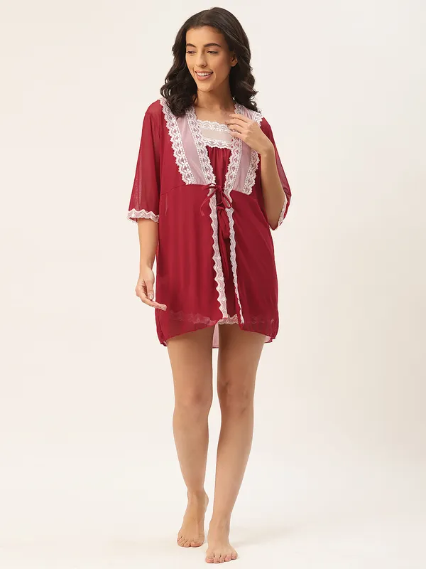 Maroon_Solid_Finish_Babydoll_Lingerie/Nighty_With_Robe_&_Matching_Thong