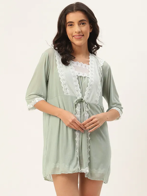 Green_Solid_Finish_Babydoll_Lingerie/Nighty_With_Robe_&_Matching_Thong