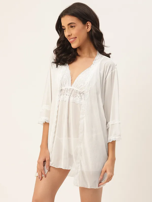 White_Solid_Finish_Babydoll_Lingerie/Nighty_With_Robe_&_Matching_Thong