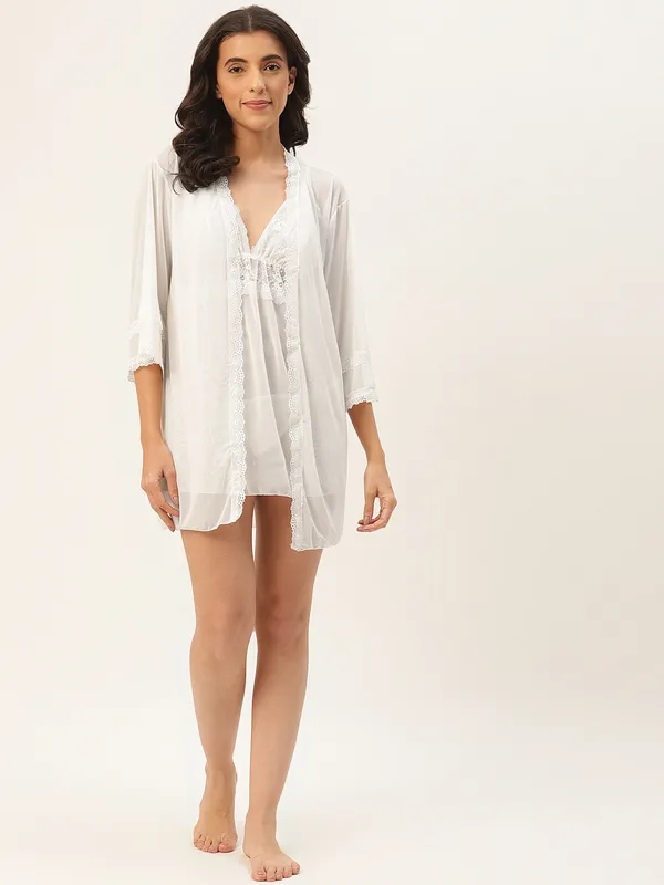 White_Solid_Finish_Babydoll_Lingerie/Nighty_With_Robe_&_Matching_Thong