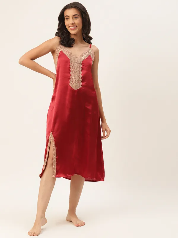 Maroon_Satin_Nightwear/_Nighty_With_Lace_For_Women
