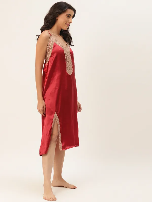 Maroon_Satin_Nightwear/_Nighty_With_Lace_For_Women
