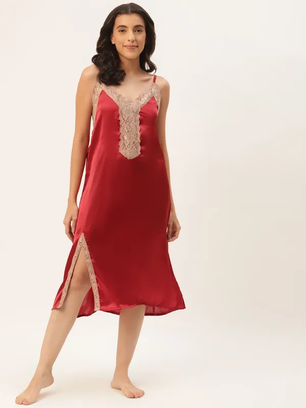Maroon_Satin_Nightwear/_Nighty_With_Lace_For_Women