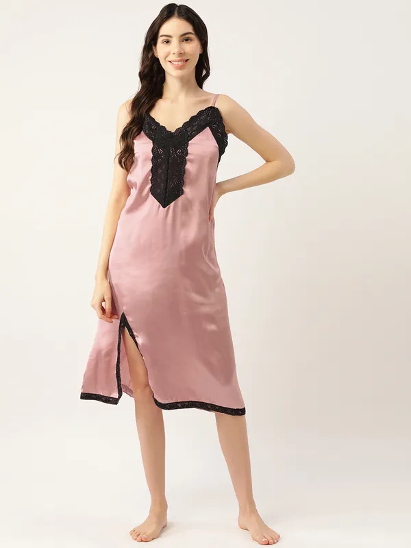 Rust_Satin_Nightwear/_Nighty_With_Lace_For_Women