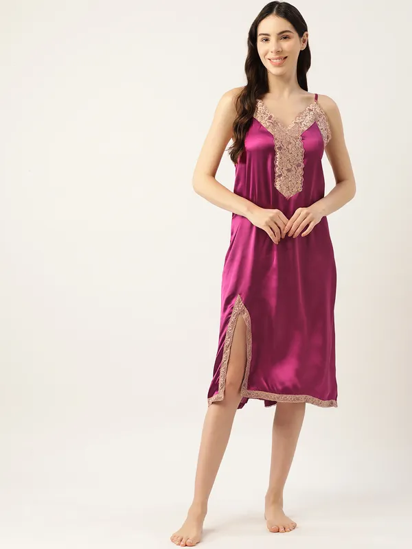 Wine_Satin_Nightwear/_Nighty_With_Lace_For_Women